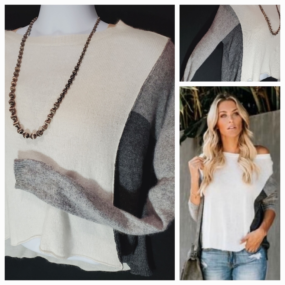 VICI Long Sleeve Color Block Ivory & Greys Pullover Loose Sweater Size S